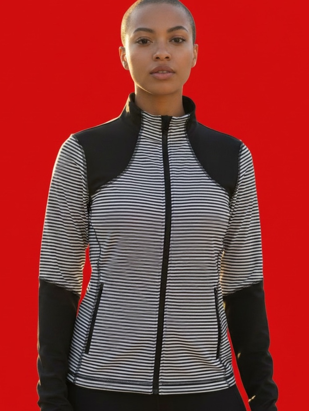 Saks Fifth Avenue Black and white pinstriped fitted knit jacket.ZIP pockets. …
